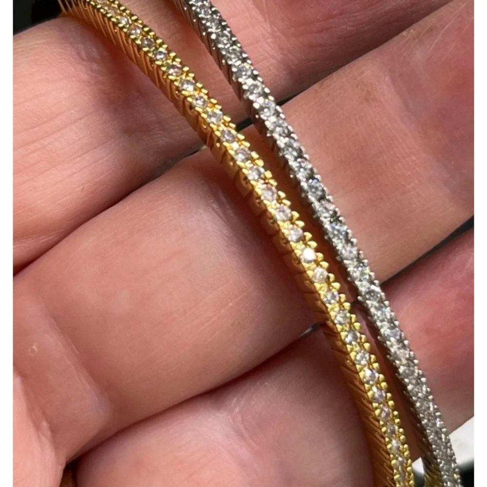 LOT OF 2, NEW Aubrey Adele BANGLE BRACELET Silver-Gold Tone CLEAR CRYSTAL Tennis